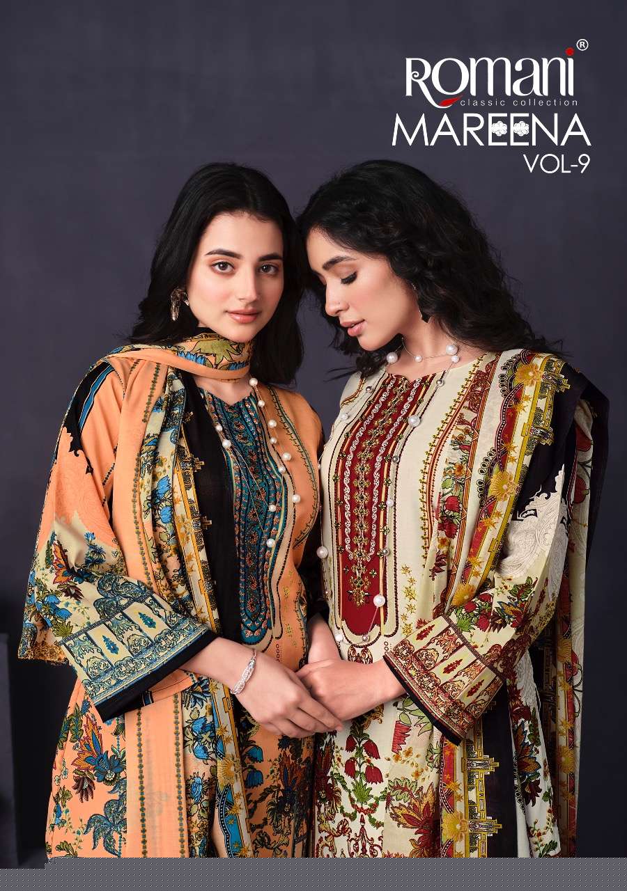 MAREENA VOL-9 BY ROMANI 1071-001 TO 1071-010 SERIES SUITS BEAUTIFUL FANCY COLORFUL STYLISH PARTY WEAR & OCCASIONAL WEAR SOFT COTTON PRINT DRESSES AT WHOLESALE PRICE